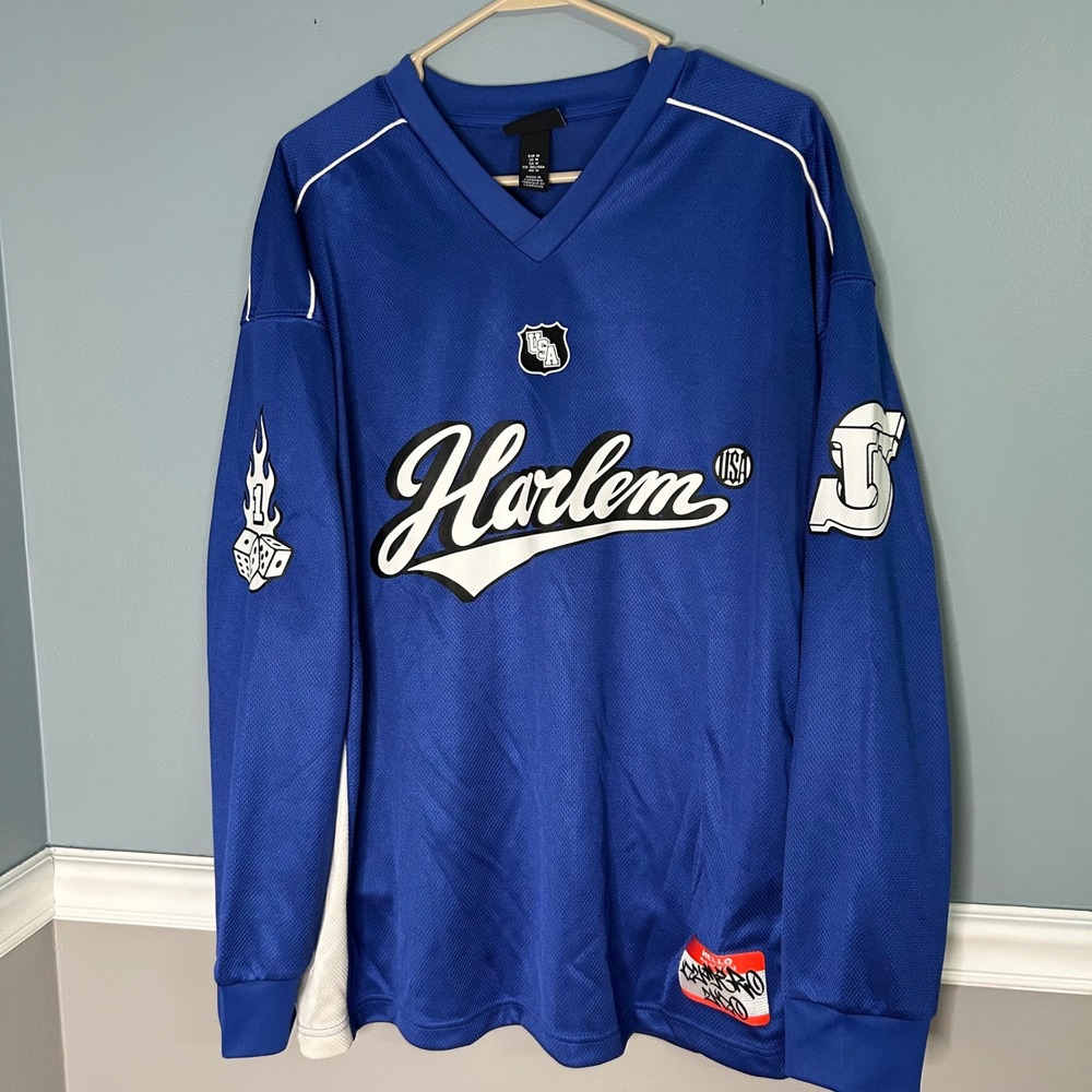 HM Oversized Harlem USA Graphic Jersey Blue Long Sleeve 86 MMXXIV Mens Medium